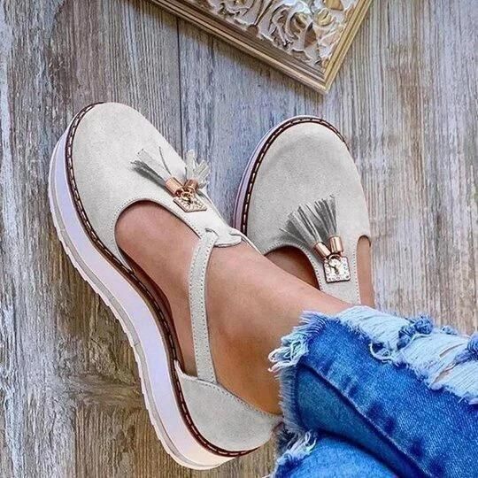 Women's Orthopedic Casual Platform Flat Comfort Shoes Breathable Leather Walking Shoes High Damping Soles - BEIGE / 6 - Awesales